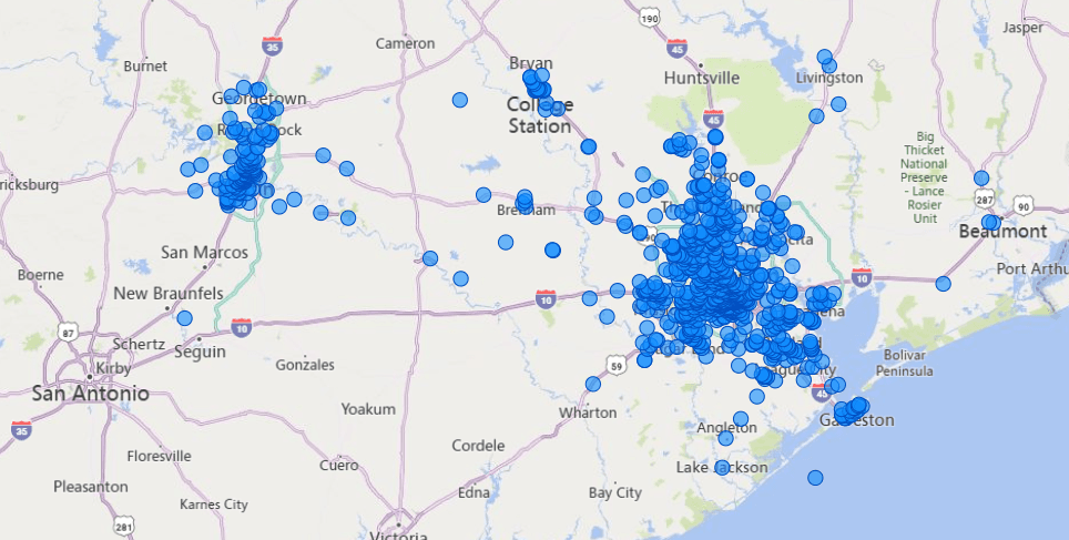 Service area map showing delivery locations across Houston, Austin, and surrounding Texas cities